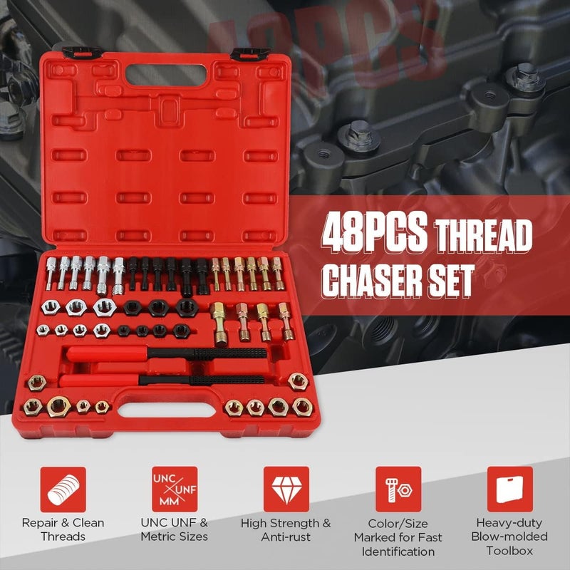 KAISAL Thread Chaser Set 48PCS Thread Repair Tool Kit UNC/UNF/Metric Thread Chaser Rethreading Kit Anti-rust Thread Restorer Kit with 24 Dies, 22 Taps and 2 Thread Files with Detachable Cap, Tap And Die Set - Image 2